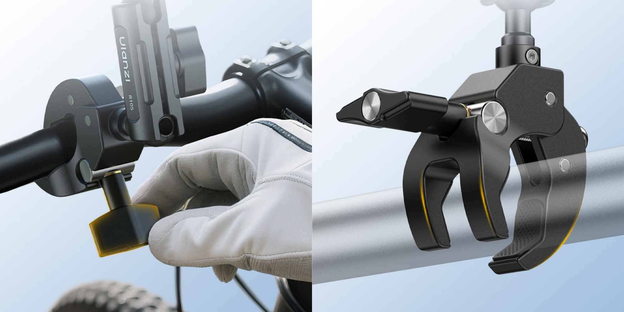 width=100% Ramię montażowe Ulanzi R105 z uchwytem Super Clamp zamocowany na kierownicy roweru i obsługiwany w rękawiczkach